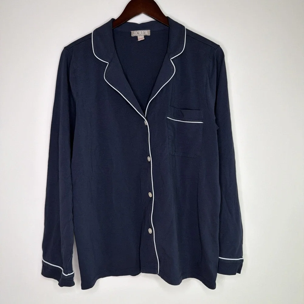 J Crew Navy White Piping Pajama Shirt Top Womens Med Cotton 2025 Preppy Lounge